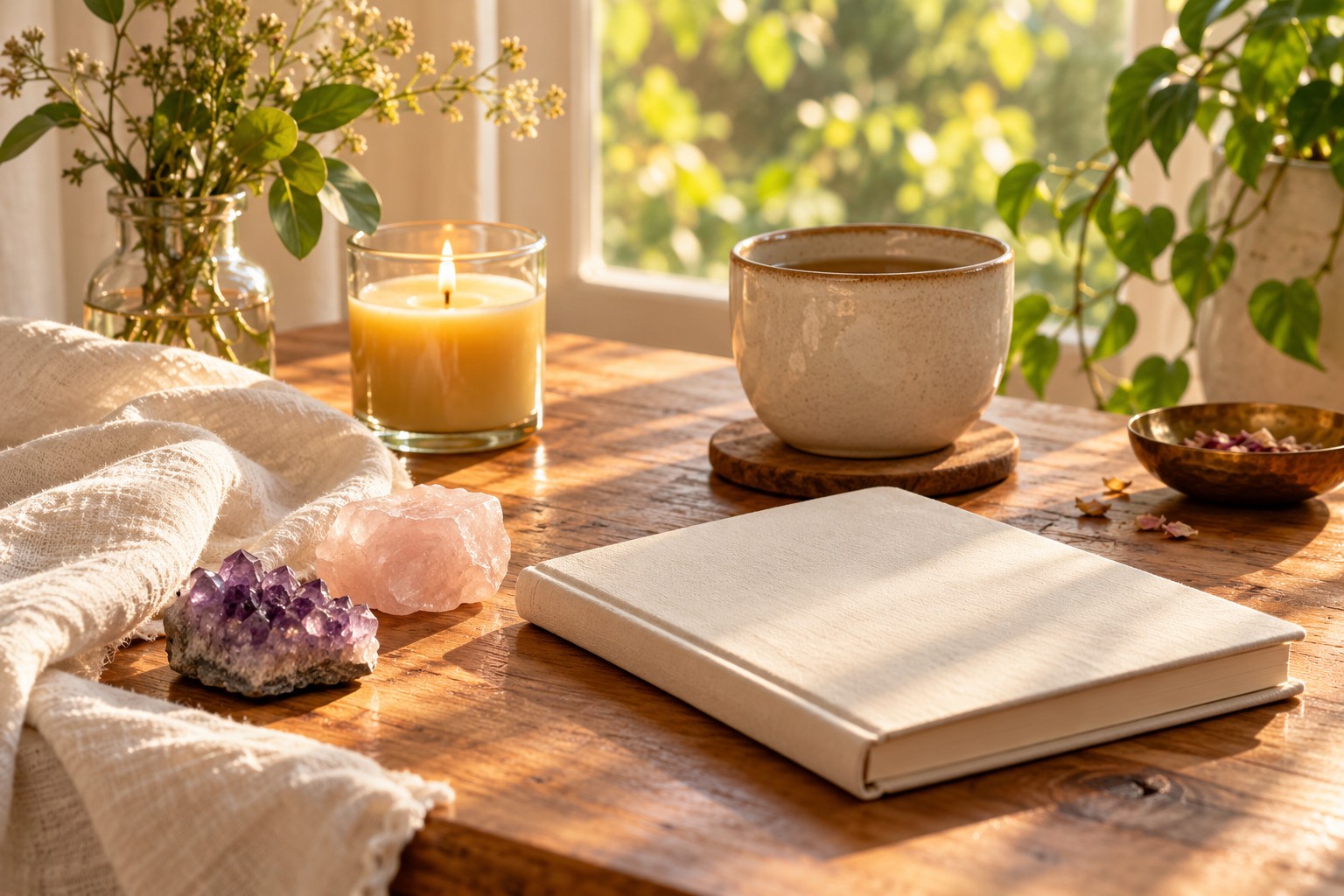 Amethyst and rose quartz beside a notebook and candle