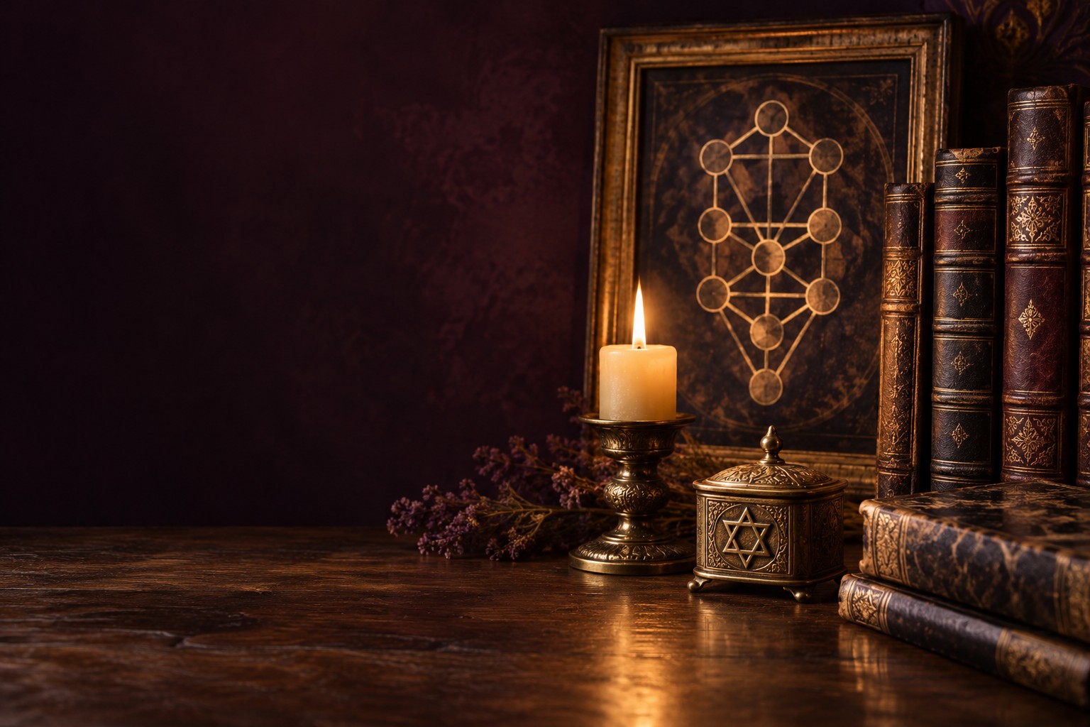 Antique books, candlelight, geometric Tree of Life art and a restrained Magen David detail