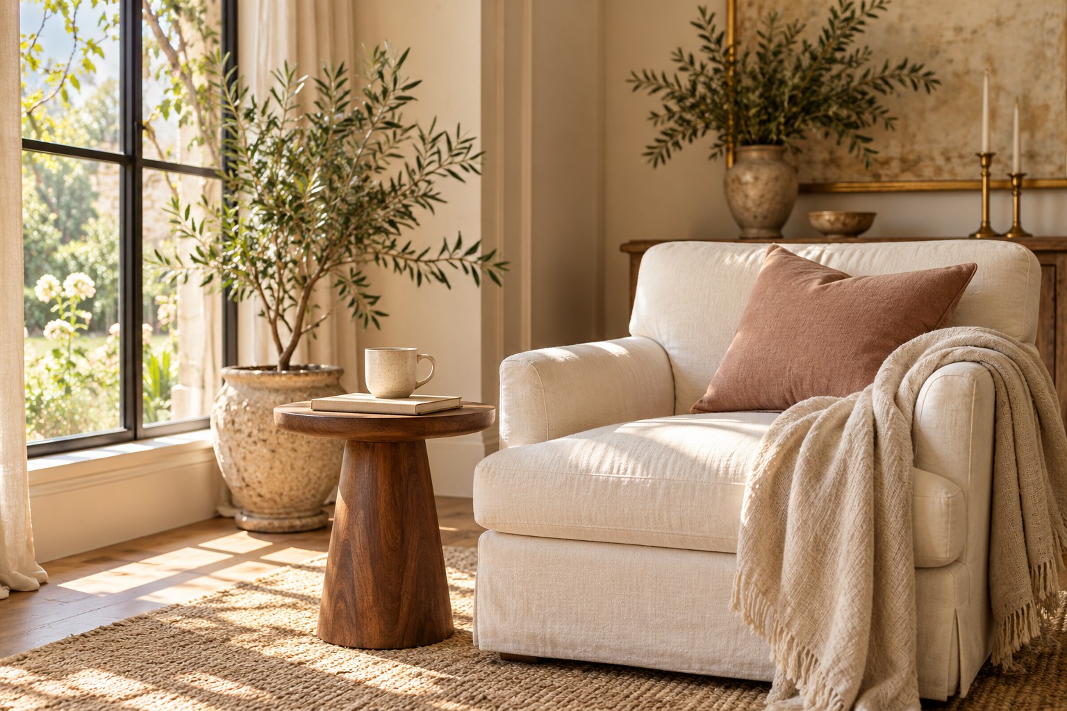 Cream linen armchair, rose cushion, notebook and greenery in warm natural light