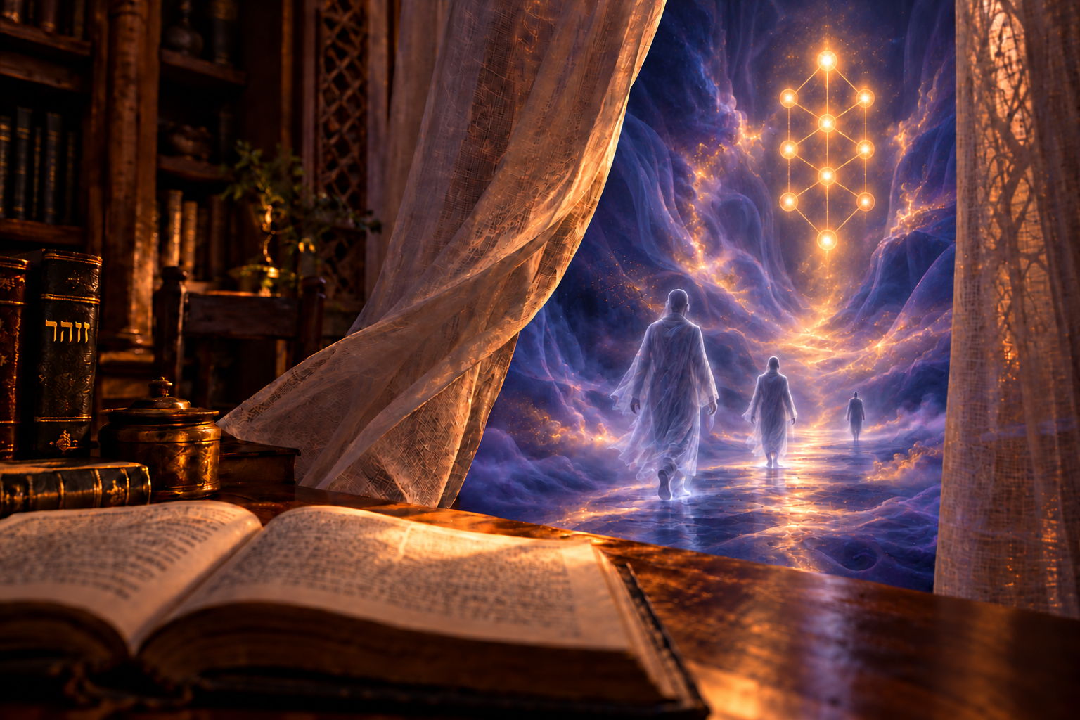 A veil revealing an imagined spiritual realm, translucent figures and the Tree of Life beside a Zohar volume